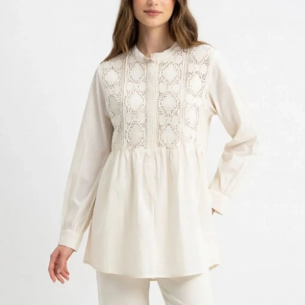 Caribbean Joe Cream Blouse Lace Babydoll Tunic Boho Hippie 100% Cotton SZ S